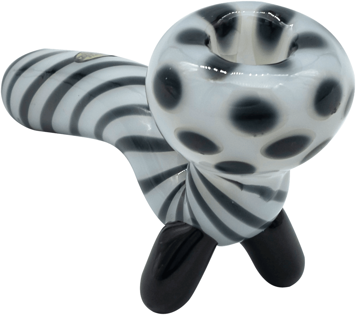 A side view of the Ivory Locks Sitting Sherlock Pipe shows a curved, glass pipe with a unique, sculpted base.