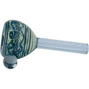 A side view of the Painted Warrior Pull-Stem Slide Bowl, showcasing its curved glass stem and colorful painted details.