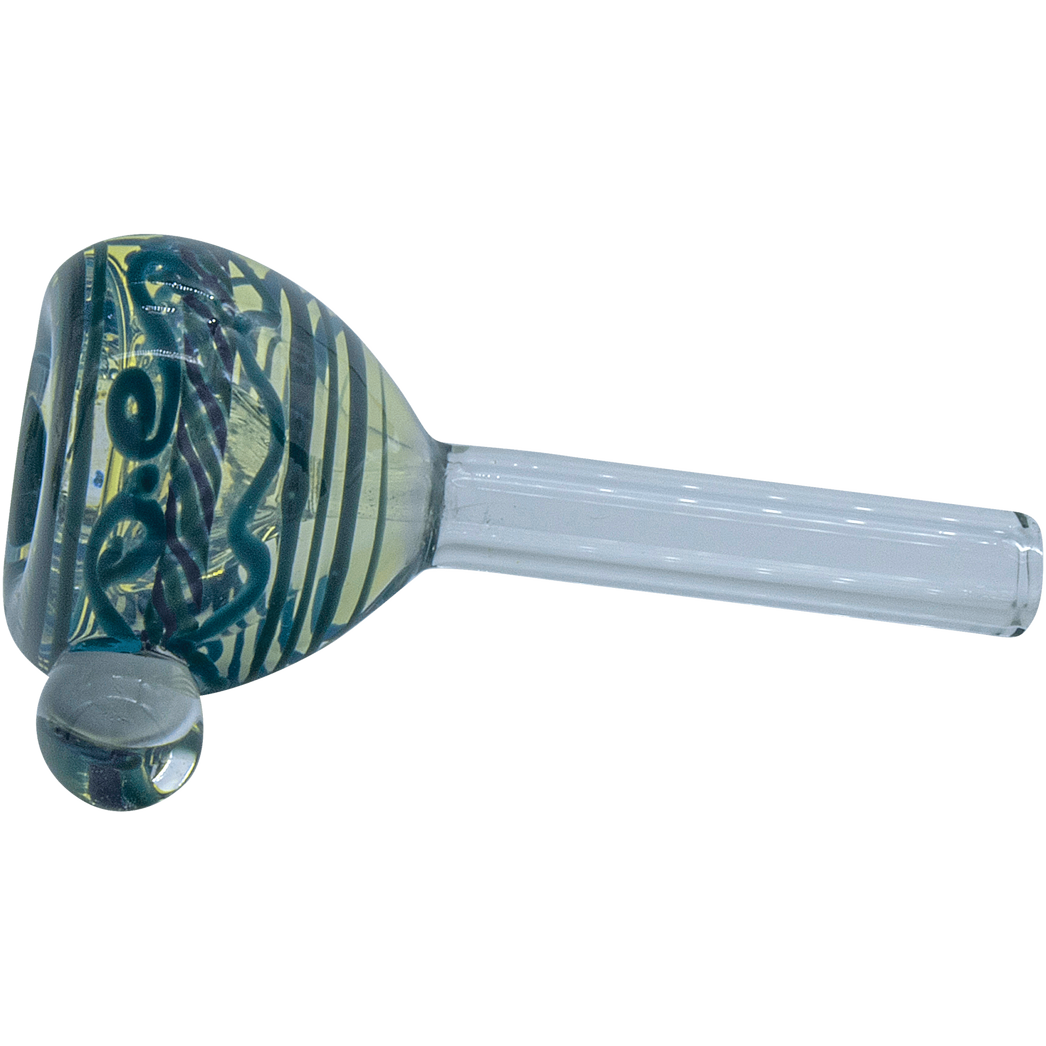 A side view of the Painted Warrior Pull-Stem Slide Bowl, showcasing its curved glass stem and colorful painted details.