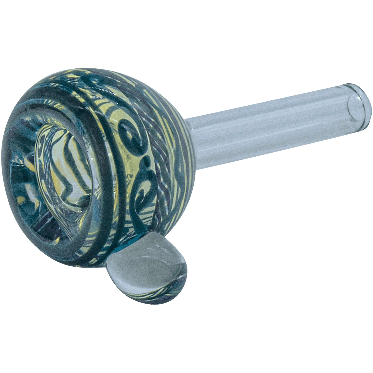 A close-up view of the Painted Warrior Pull-Stem Slide Bowl, featuring a transparent glass construction and swirling patterns.