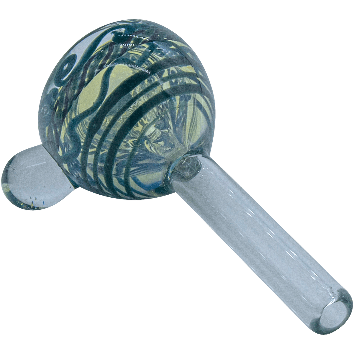A side view of the Painted Warrior Pull-Stem Slide Bowl, showcasing its clear glass construction and unique pull-stem design.