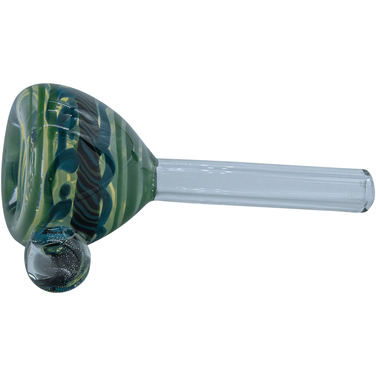 A side view of the Painted Warrior Pull-Stem Slide Bowl, showcasing its glass construction and unique curved stem design.