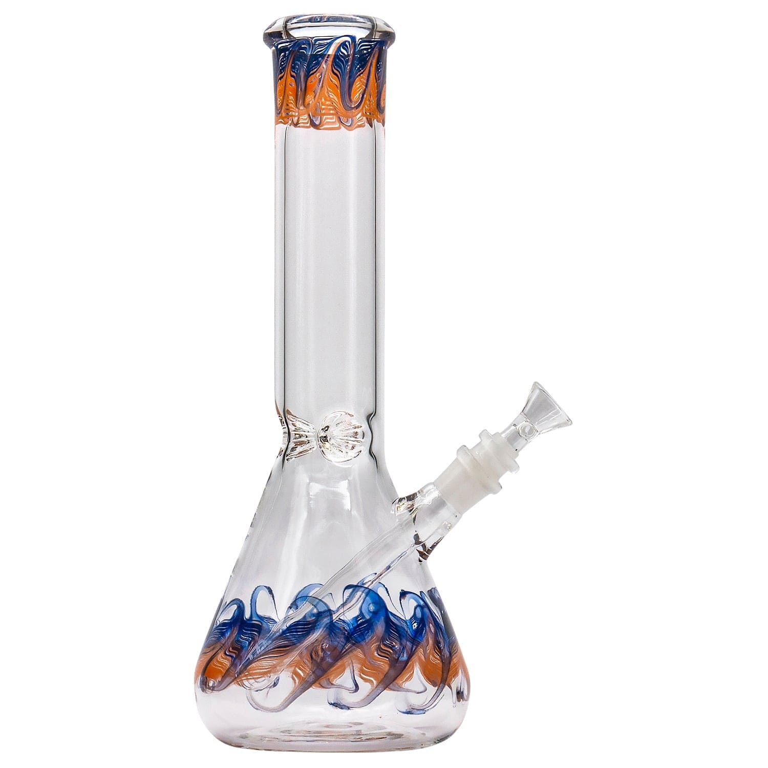 Front view of the “Phoenix Rising” Color Wrapped Beaker Bong, showcasing the vibrant color wrap around its clear glass body.