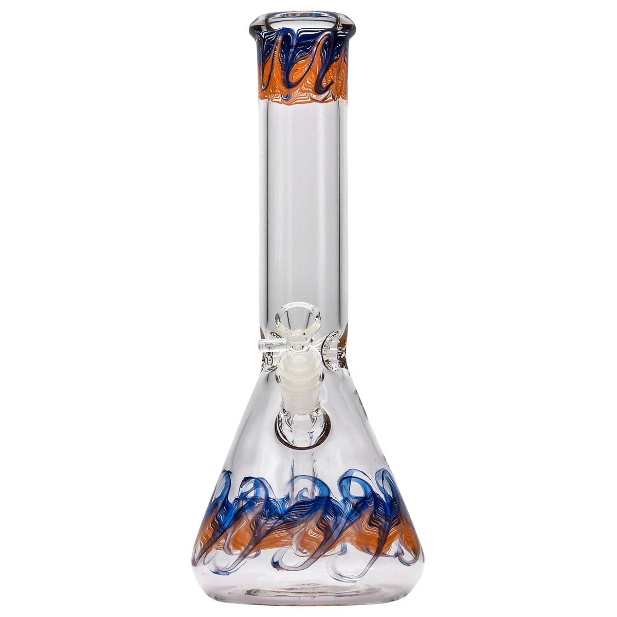 A front view of the “Phoenix Rising” Color Wrapped Beaker Bong, featuring colorful swirls on clear glass.