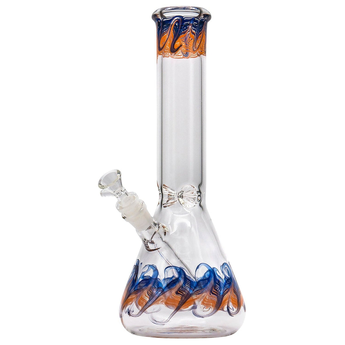 Front view of the “Phoenix Rising” Color Wrapped Beaker Bong, showcasing a clear glass beaker with vibrant orange and blue wrapping.