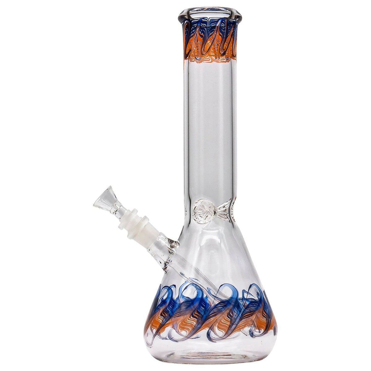 A three-quarter view of the "Phoenix Rising" Color Wrapped Beaker Bong, showcasing the vibrant color accents on the clear glass body.