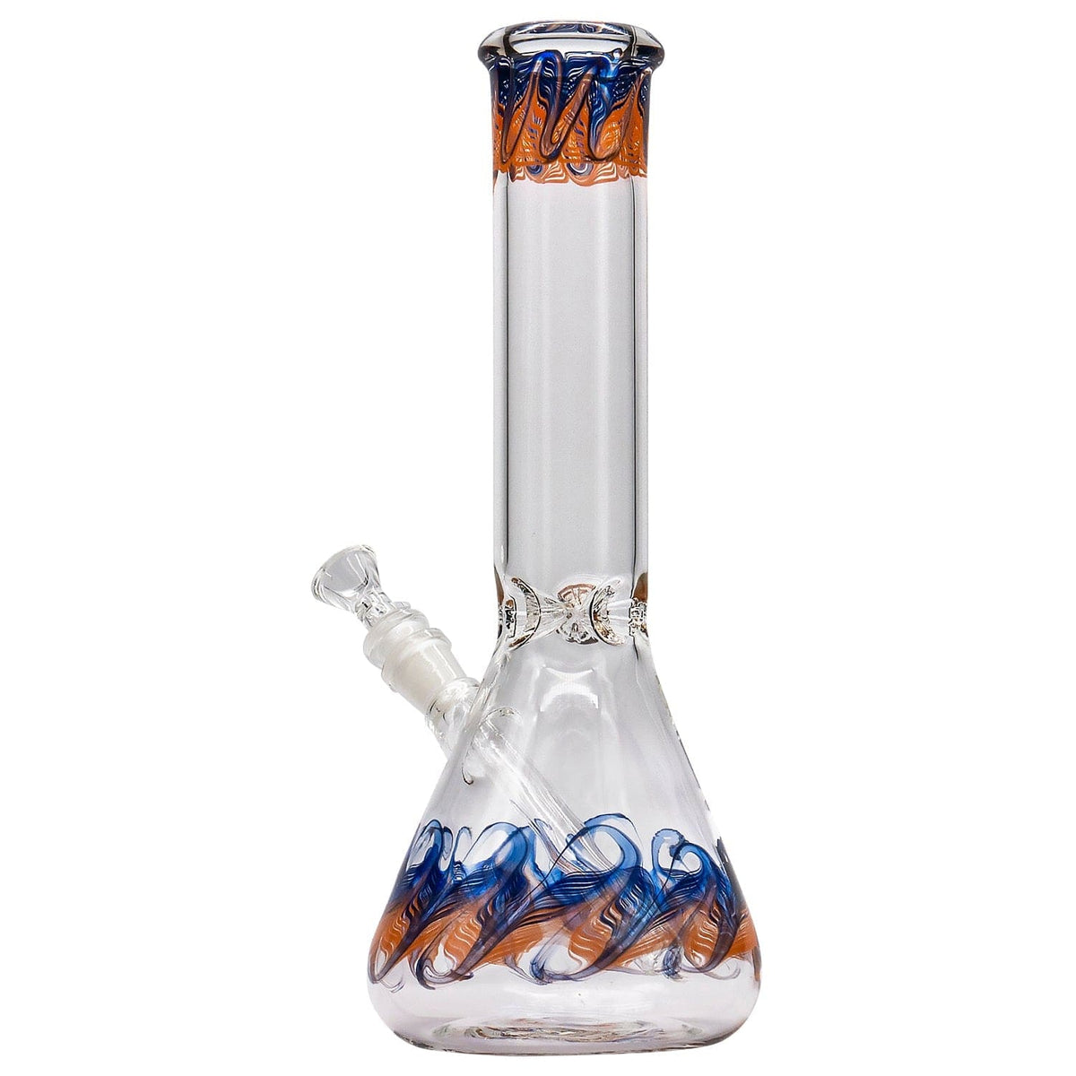 Front view of the “Phoenix Rising” Color Wrapped Beaker Bong, showcasing its clear glass construction with vibrant color wrapping.