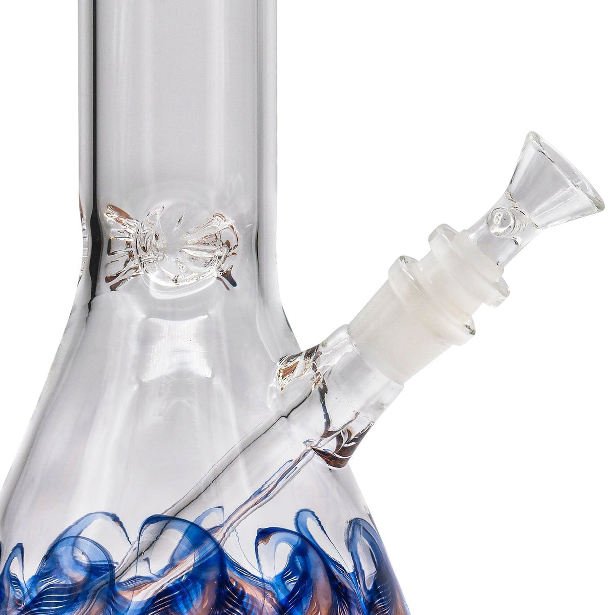 A front view of the “Phoenix Rising” Color Wrapped Beaker Bong, showcasing vibrant color swirls within the clear glass beaker shape.