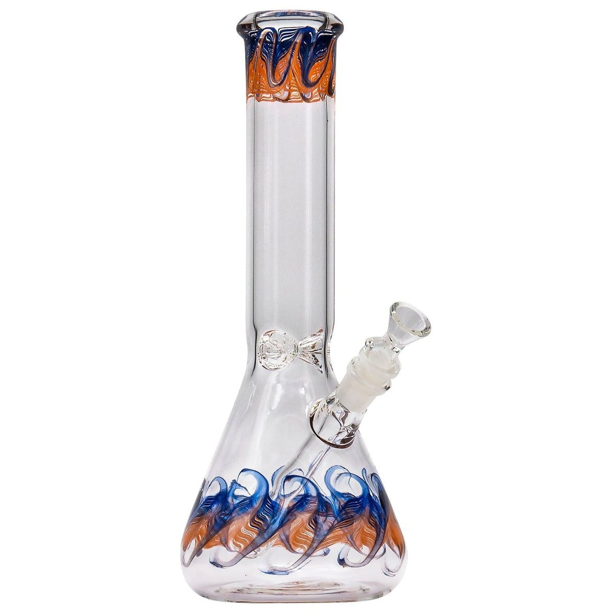 A front view of the “Phoenix Rising” Color Wrapped Beaker Bong shows a clear glass beaker with colorful wraparound accents.