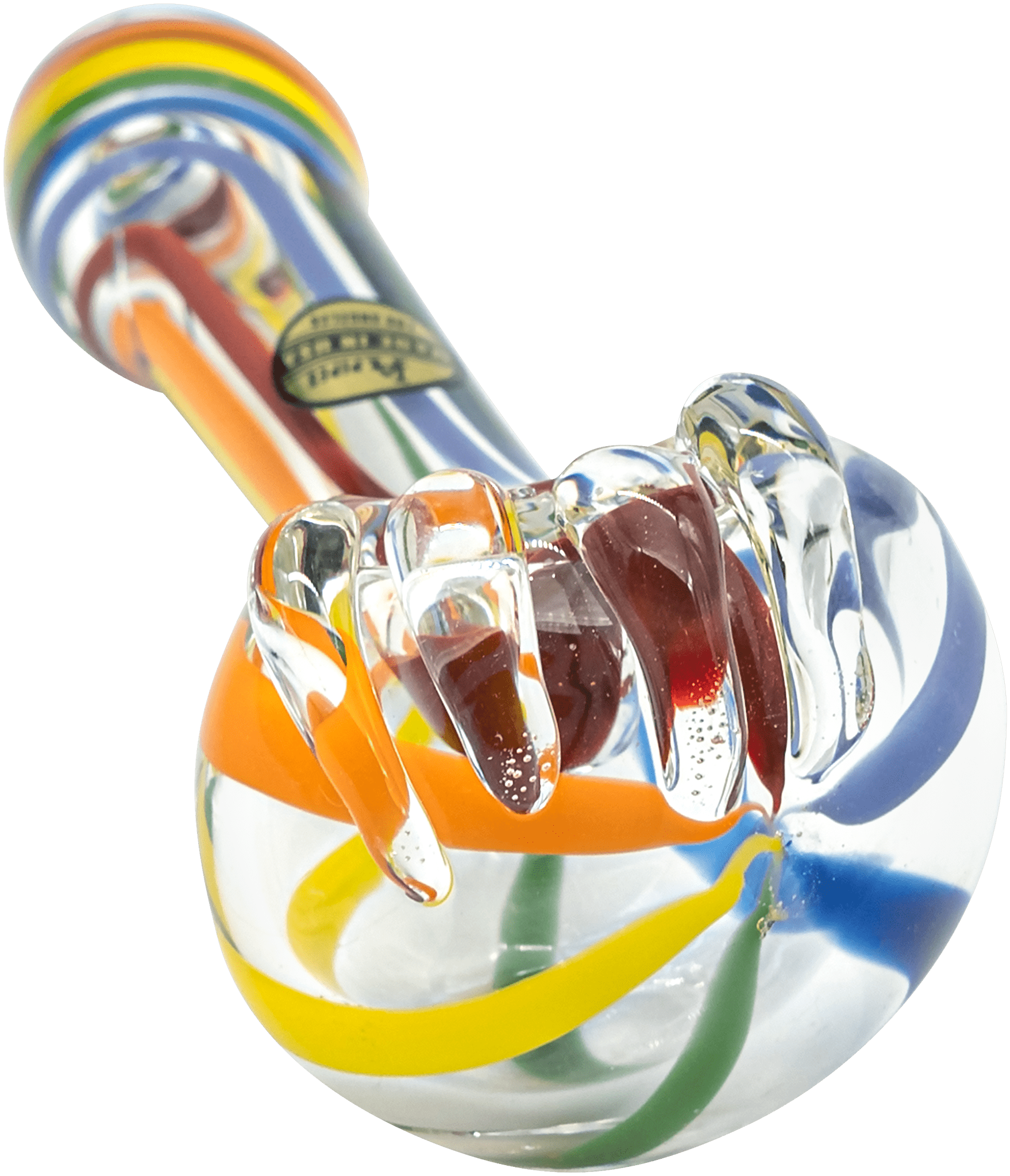 A close-up, angled view of the Rainbow Ripper Spoon Pipe, showcasing its colorful glass swirl design.