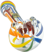 A close-up, angled view of the Rainbow Ripper Spoon Pipe, showcasing its colorful glass swirl design.