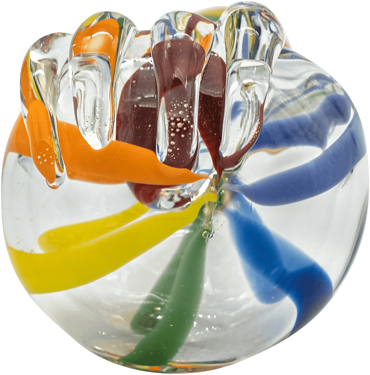 A close-up, angled view of the Rainbow Ripper Spoon Pipe, showcasing its colorful glass swirl design.