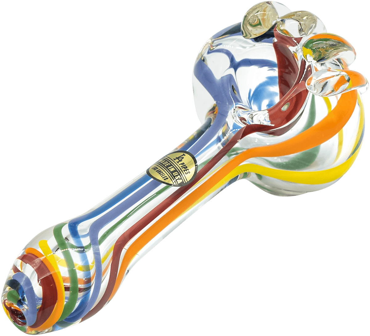 A close-up, angled view of the Rainbow Ripper Spoon Pipe, showcasing its colorful glass swirl design.