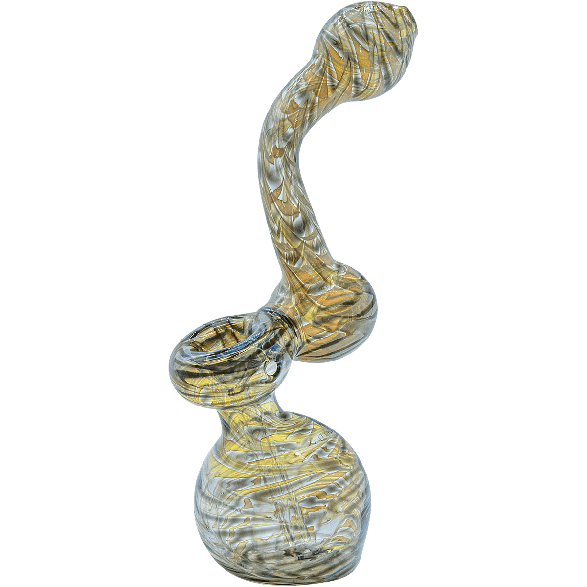 A close-up shot of the Raked Fumed Sherlock Bubbler Pipe, showcasing its curved form and smoky glass finish against a plain white background.