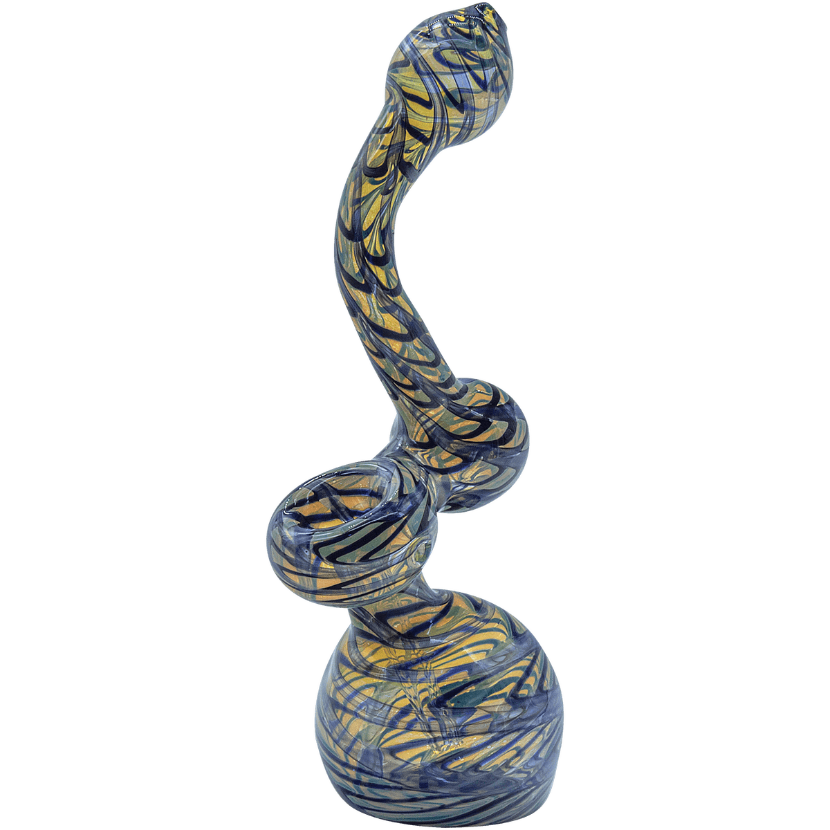 A front view of the Raked Fumed Sherlock Bubbler Pipe with a swirling, colorful glass pattern.