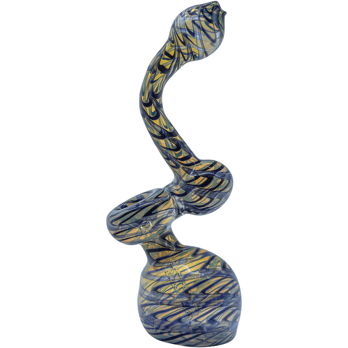 Front view of the Raked Fumed Sherlock Bubbler Pipe, showing a curved glass pipe with colorful smoke patterns against a plain white backdrop.