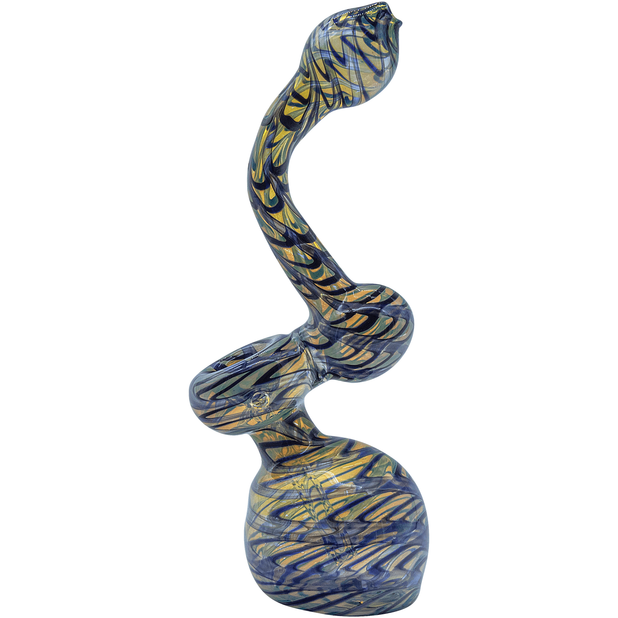 Front view of the Raked Fumed Sherlock Bubbler Pipe, showing a curved glass pipe with colorful smoke patterns against a plain white backdrop.