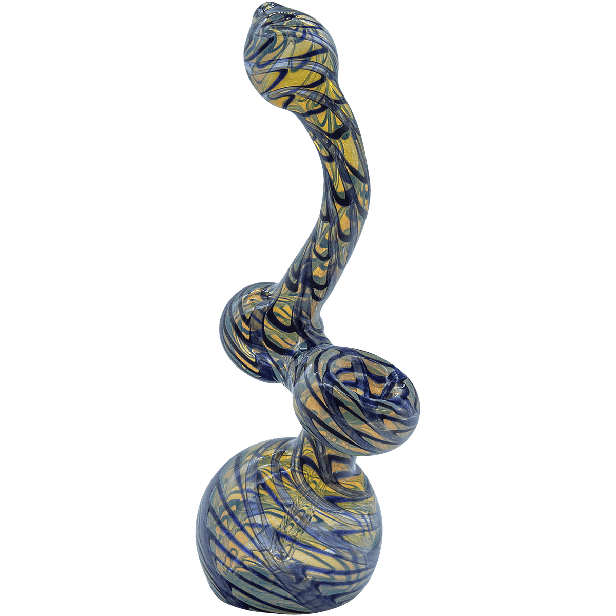 A detailed close-up of the Raked Fumed Sherlock Bubbler Pipe, showcasing its swirling, colorful glass design against a plain white background.