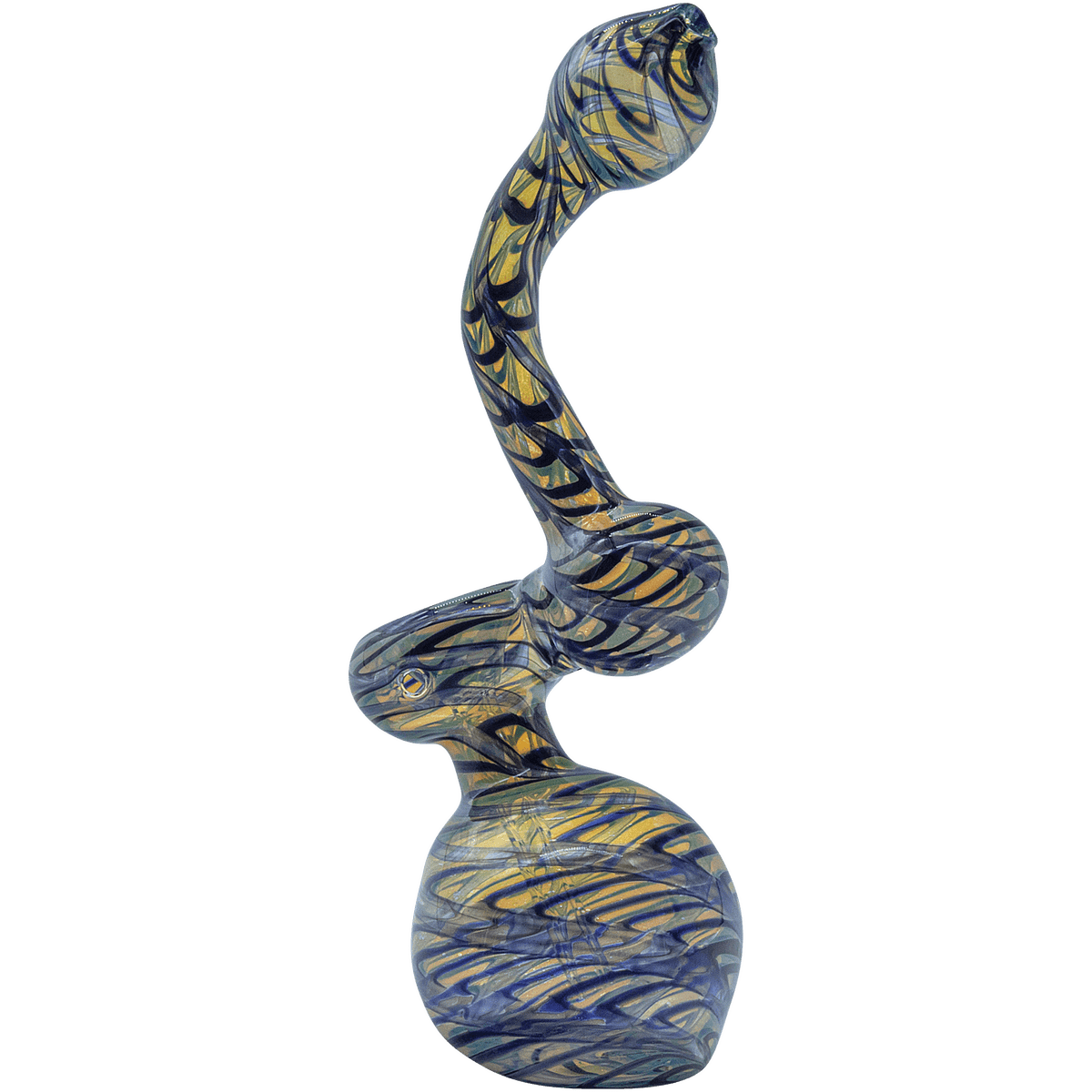 A detailed shot of the Raked Fumed Sherlock Bubbler Pipe, showing its unique glass swirls and curved form against a plain white background.