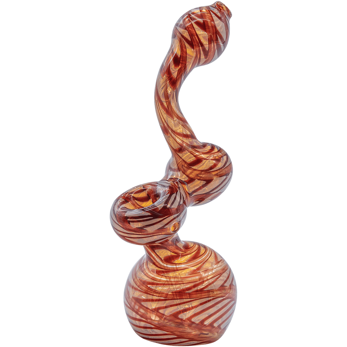 A studio shot of the Raked Fumed Sherlock Bubbler Pipe, displaying its swirling, smoky glass design from a slightly elevated angle.