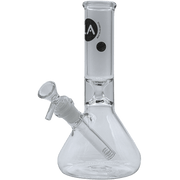 Front view of the “Shortstop” Beaker Bong, a clear glass piece with a wide base and cylindrical shape.