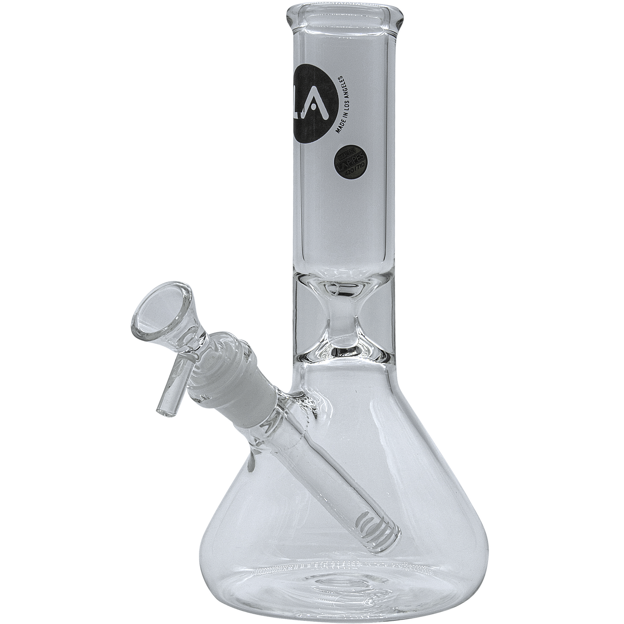 Front view of the “Shortstop” Beaker Bong, a clear glass piece with a wide base and cylindrical shape.