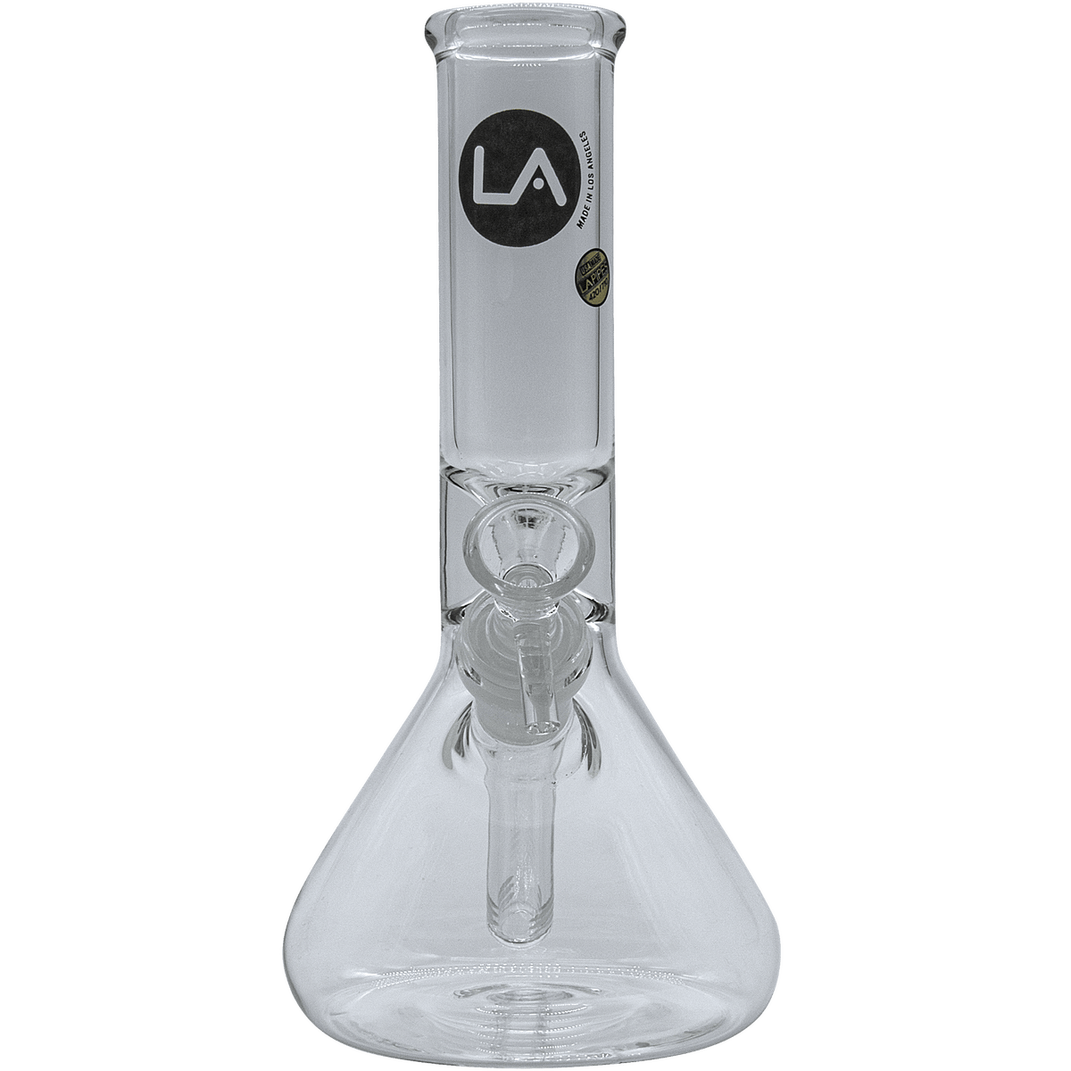 A studio shot of the “Shortstop” Beaker Bong, displaying its clear glass construction and simple, cylindrical form.