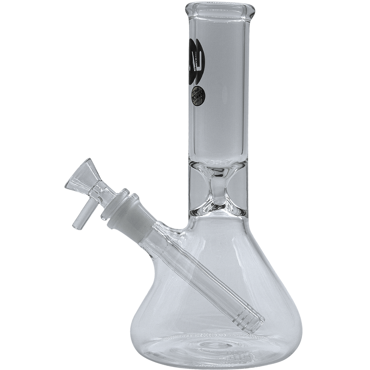 Front view of the “Shortstop” Beaker Bong, a clear glass piece with a classic beaker shape and visible joint detail.