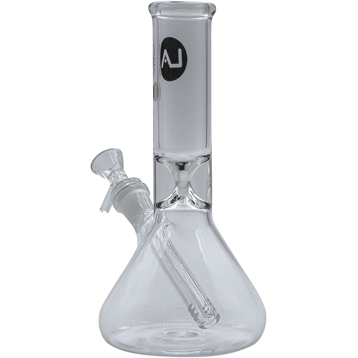 Front view of the “Shortstop” Beaker Bong, a clear glass piece with a classic beaker shape and simple design.