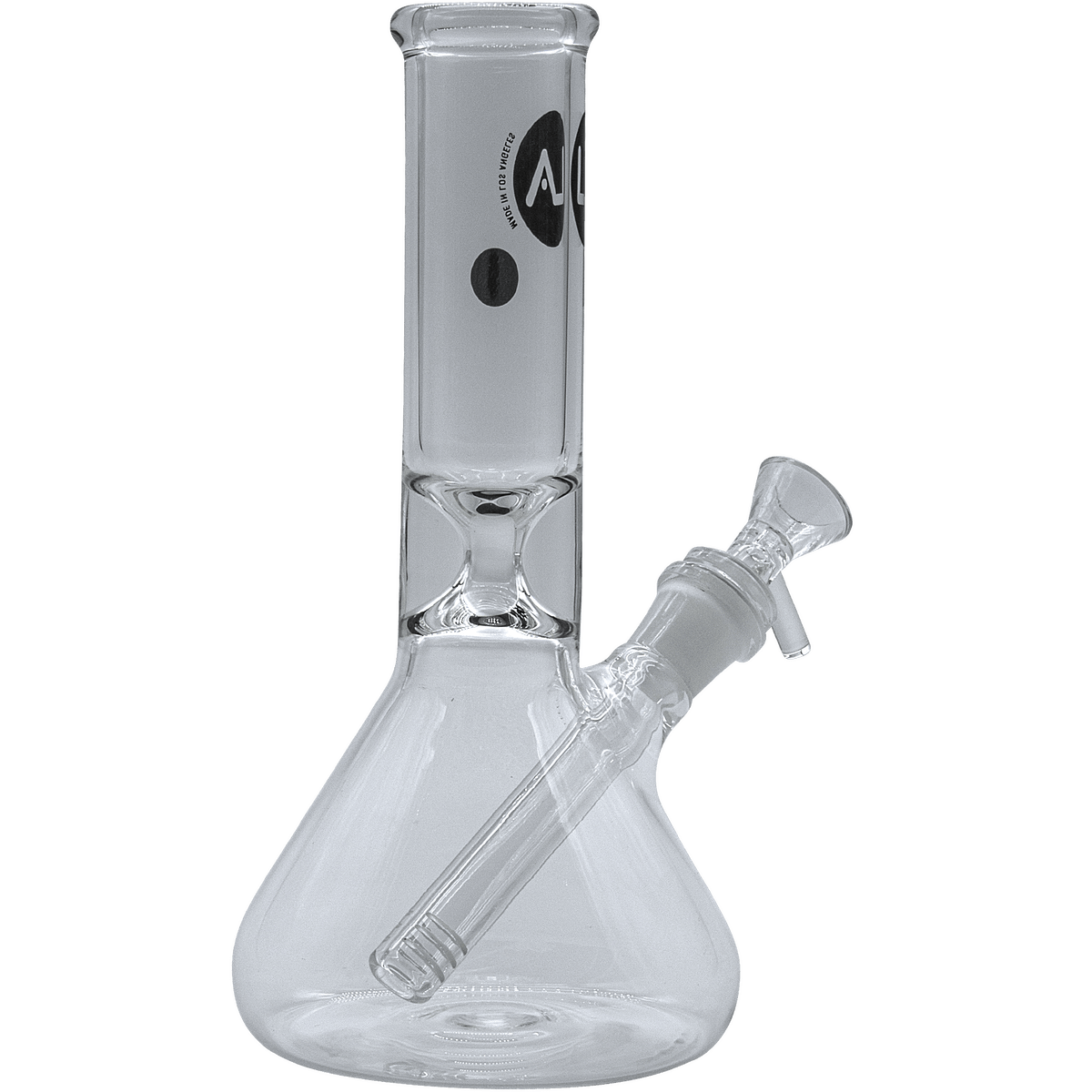 Front view of the “Shortstop” Beaker Bong, a clear glass bong with a classic beaker shape and visible joint.