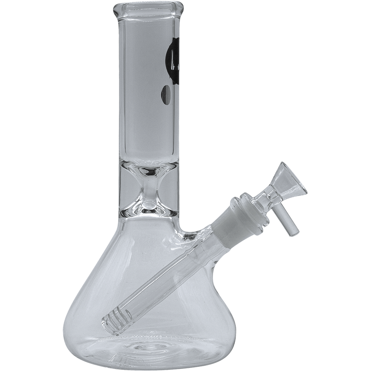 Front view of the “Shortstop” Beaker Bong, a clear glass piece with a classic beaker shape and simple design.