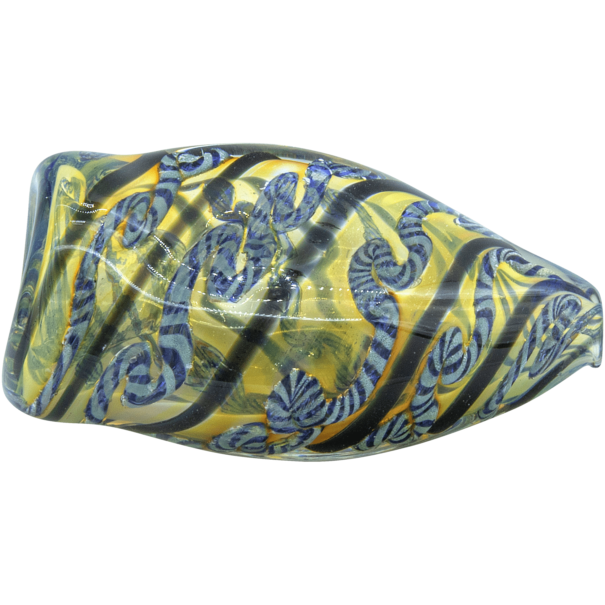A detailed side view of the “Skipping Stone” Inside-Out Chillum, showing its smooth, glass construction with subtle color variations.