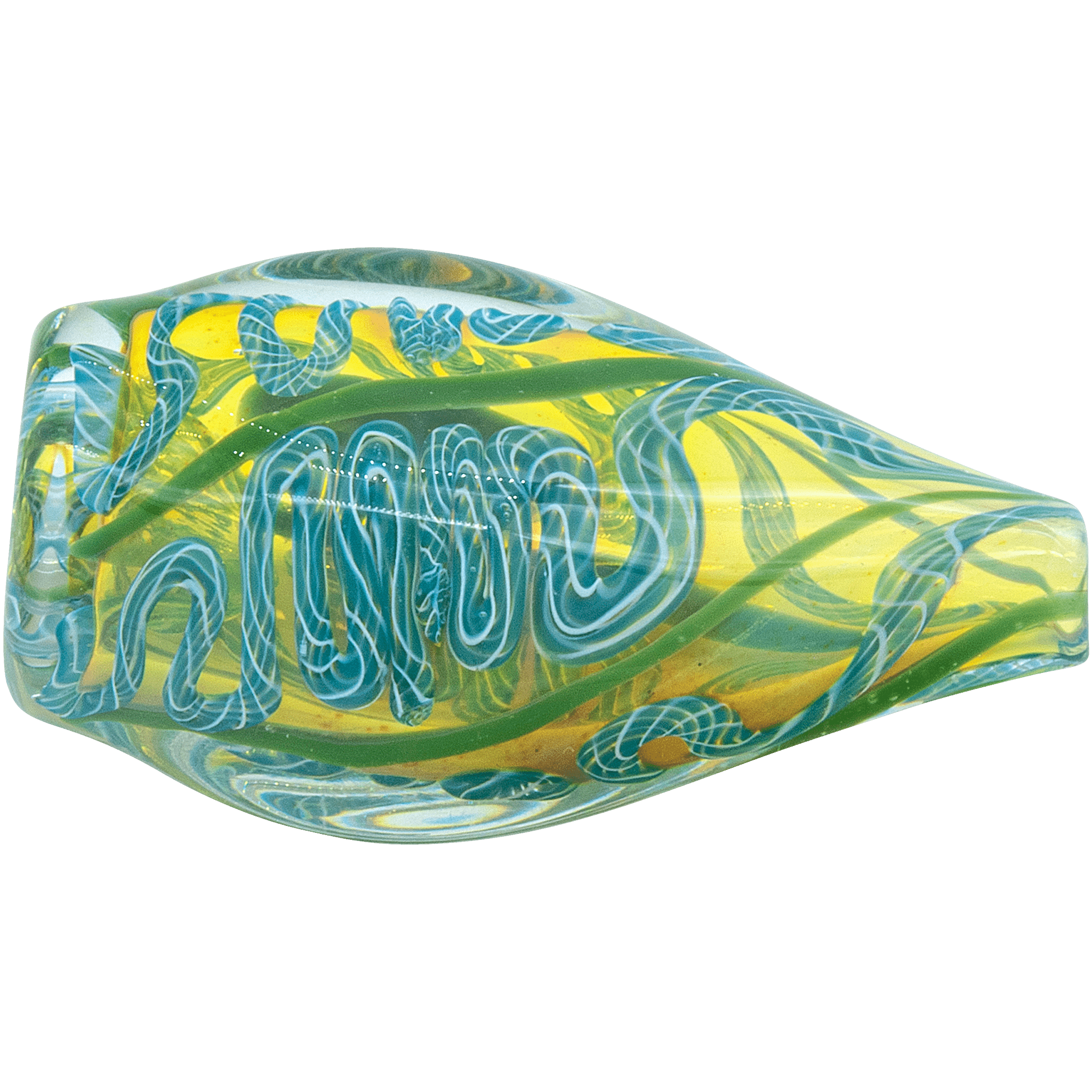 A close-up, angled view of the “Skipping Stone” Inside-Out Chillum, showcasing its vibrant, swirling glass pattern.