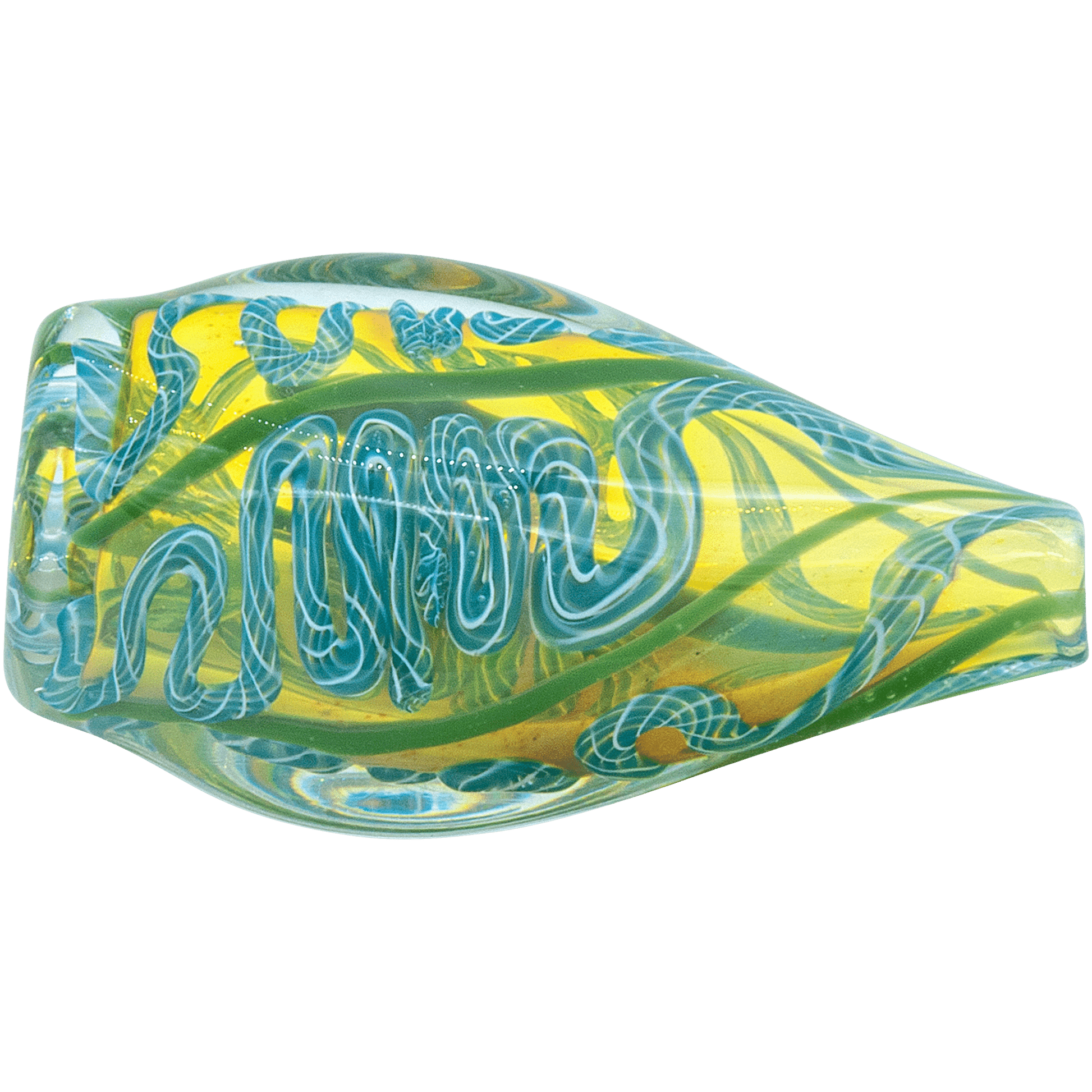 A close-up of the "Skipping Stone" Inside-Out Chillum with swirling green and yellow glass visible in a side view.