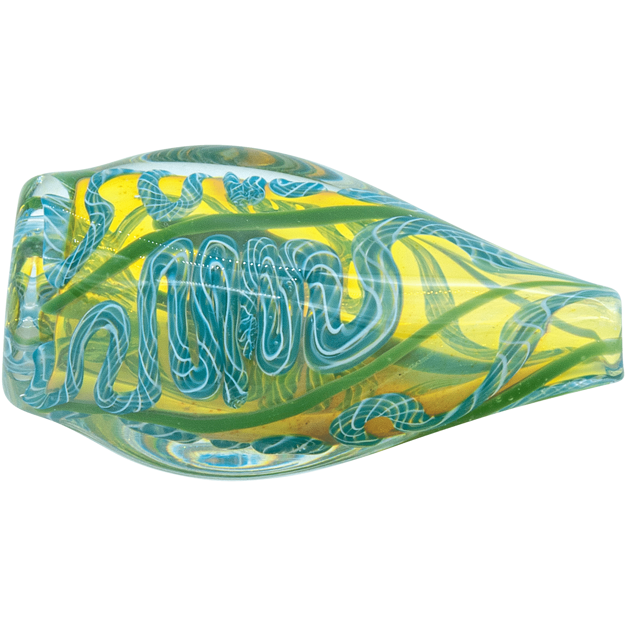 A close-up of the "Skipping Stone" Inside-Out Chillum with swirling green and yellow glass visible in a side view.