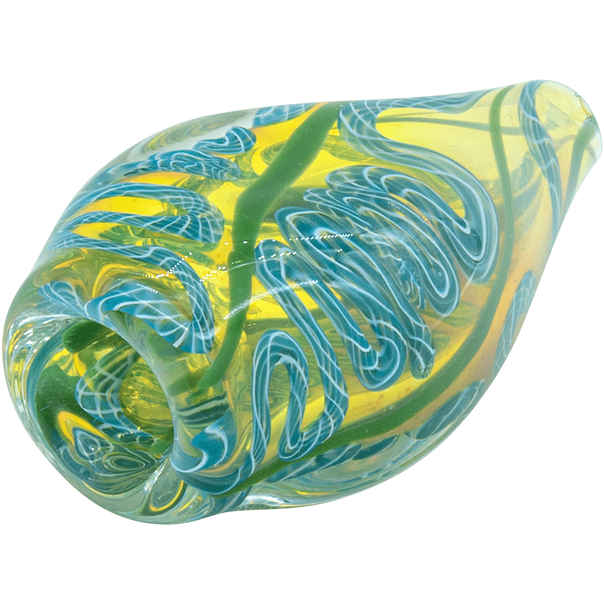 A close-up shows the "Skipping Stone" Inside-Out Chillum in swirling shades of green and yellow glass.