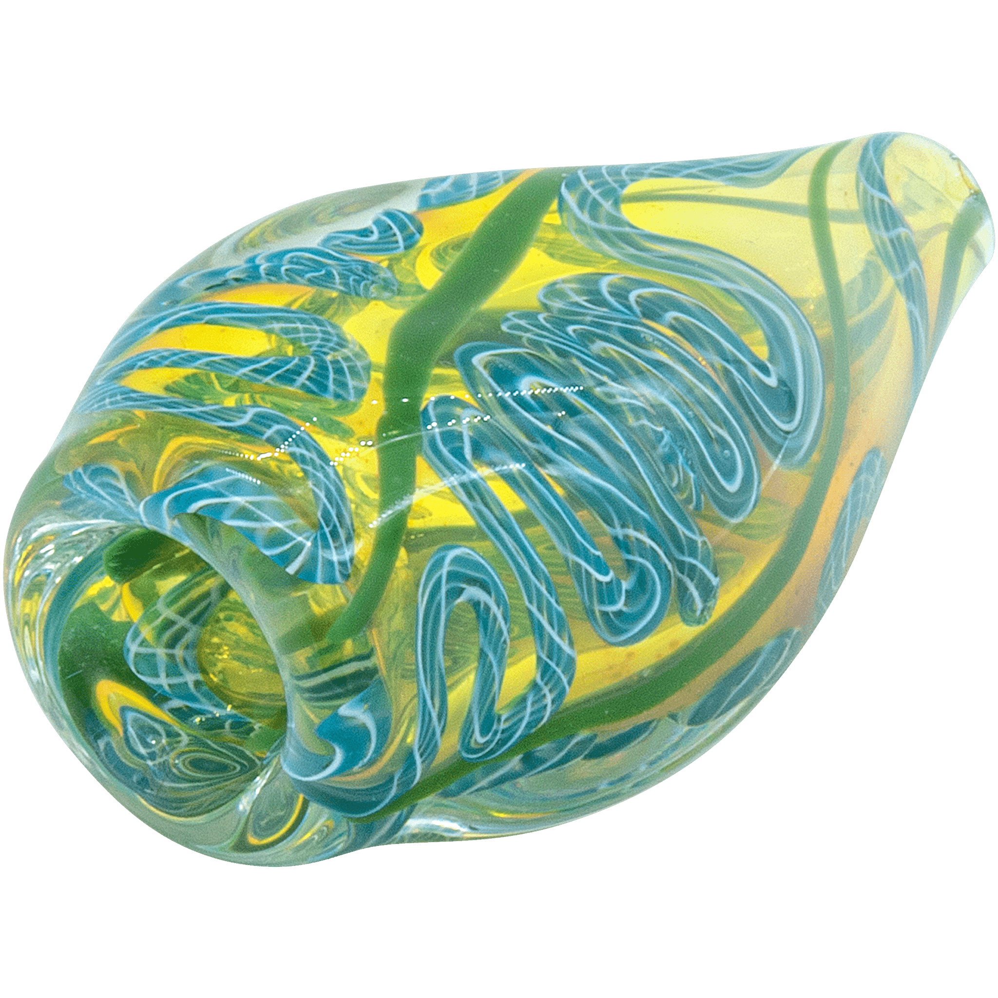A close-up shows the "Skipping Stone" Inside-Out Chillum in swirling shades of green and yellow glass.