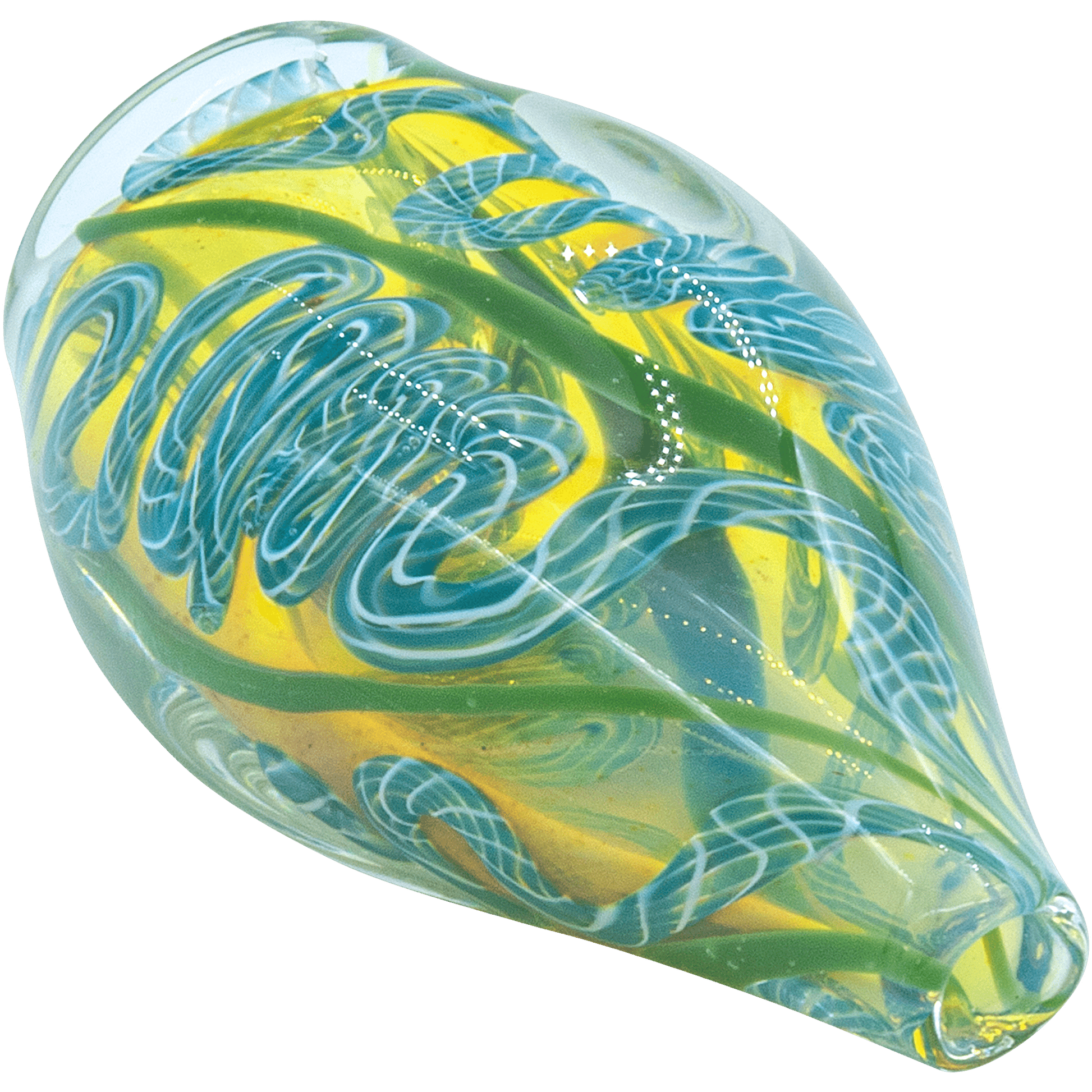A close-up, angled view of the “Skipping Stone” Inside-Out Chillum, showcasing its swirling green and clear glass design.