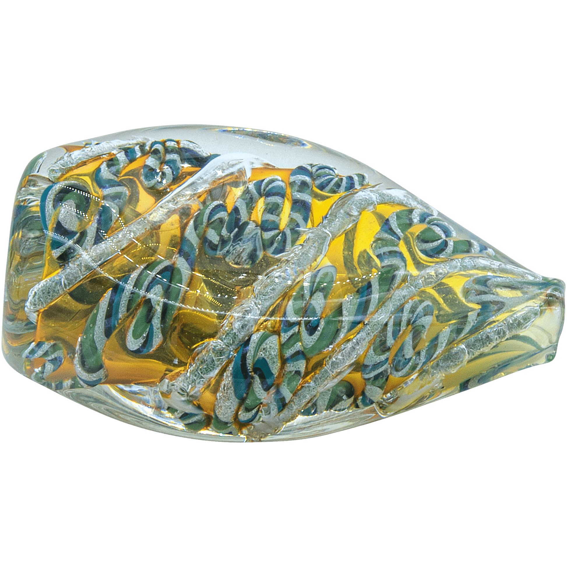 A close-up, angled view of the “Skipping Stone” Inside-Out Chillum, showing its clear glass construction and simple cylindrical form.