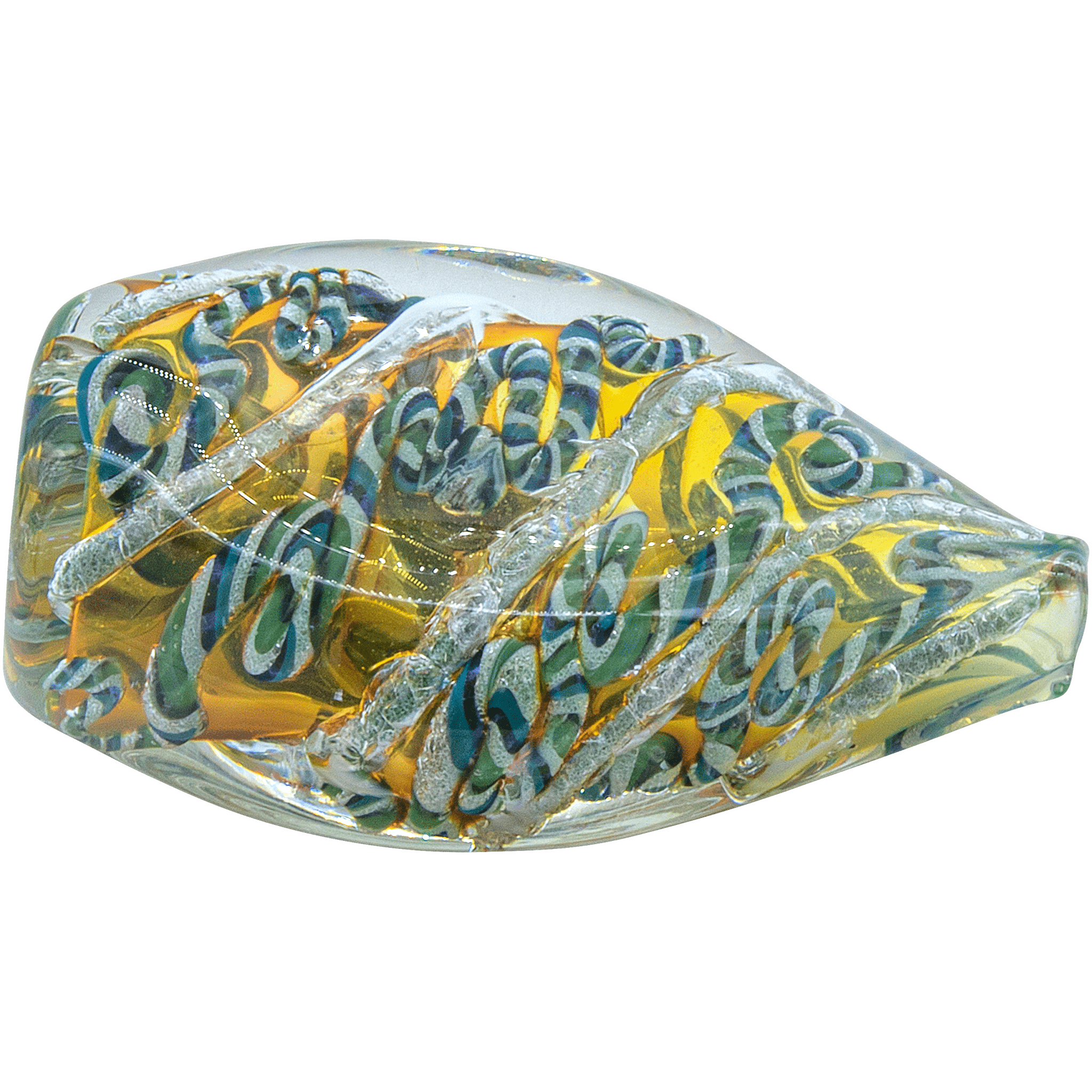 A close-up, angled view of the “Skipping Stone” Inside-Out Chillum, showing its clear glass construction and simple cylindrical form.