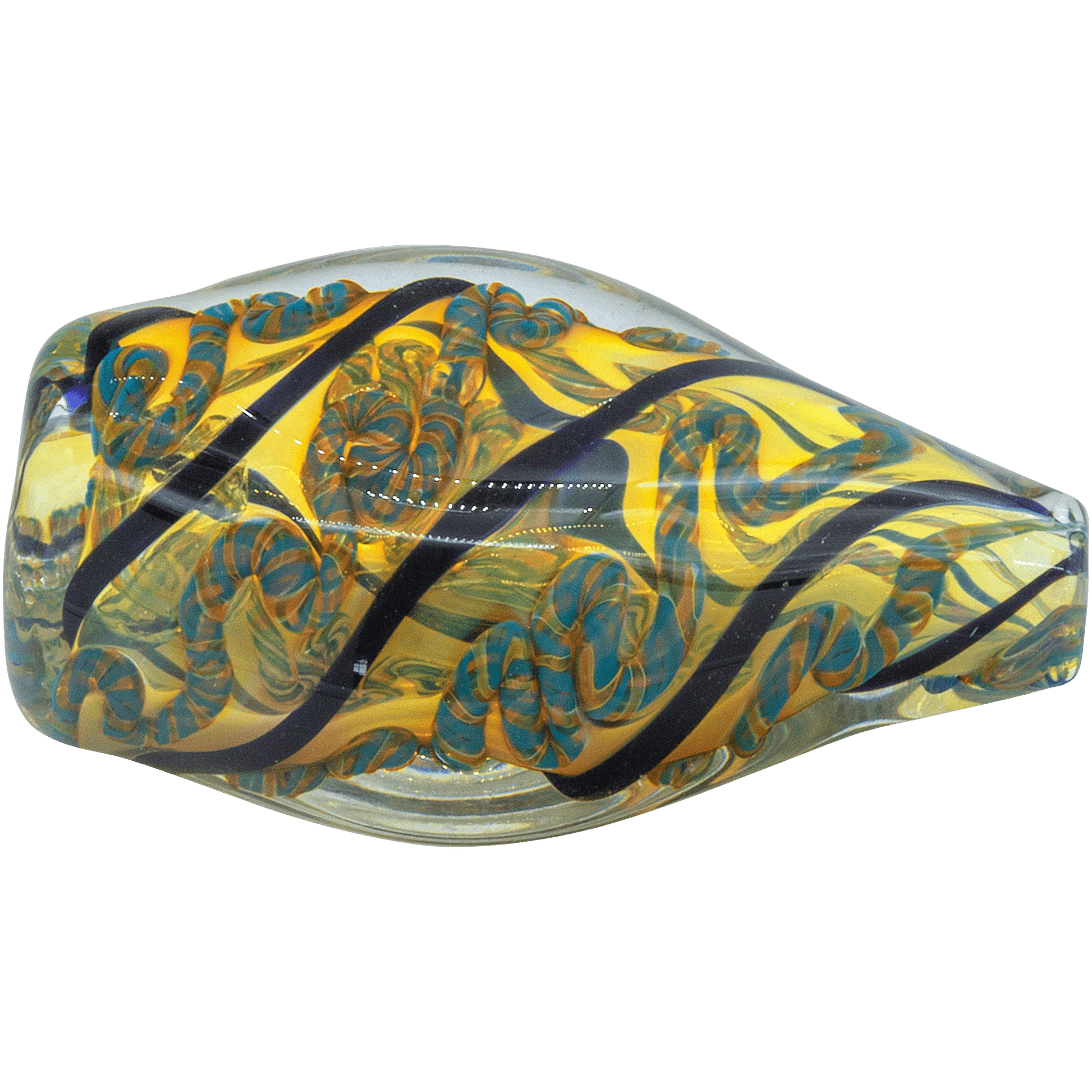 A close-up, angled view of the “Skipping Stone” Inside-Out Chillum, showcasing its colorful glass swirl design.