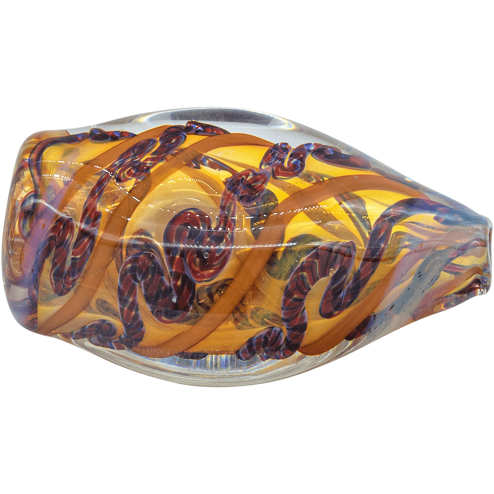 A close-up, angled view of the “Skipping Stone” Inside-Out Chillum, showcasing its vibrant, swirling glass pattern.