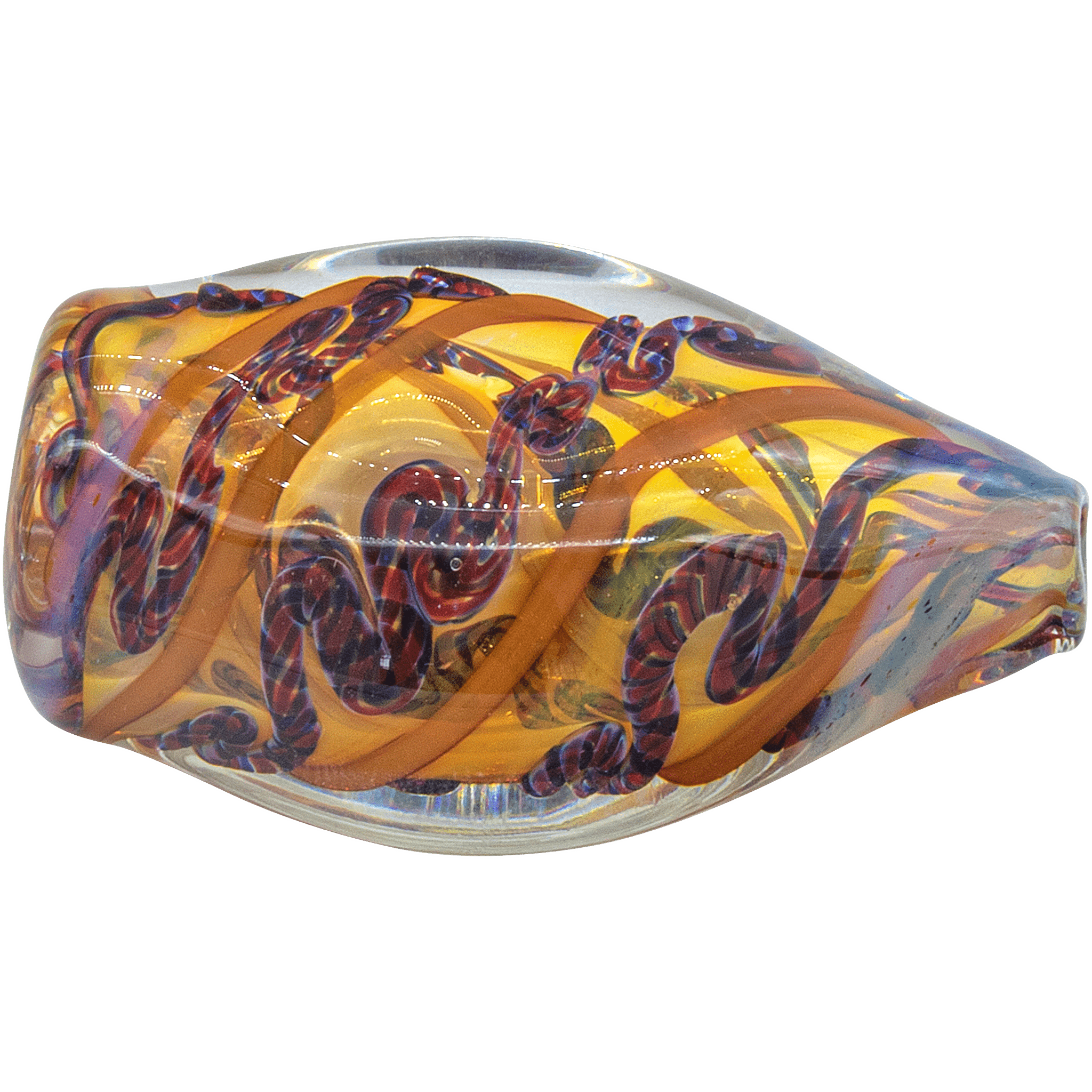 A close-up, angled view of the “Skipping Stone” Inside-Out Chillum, showcasing its vibrant, swirling glass pattern.
