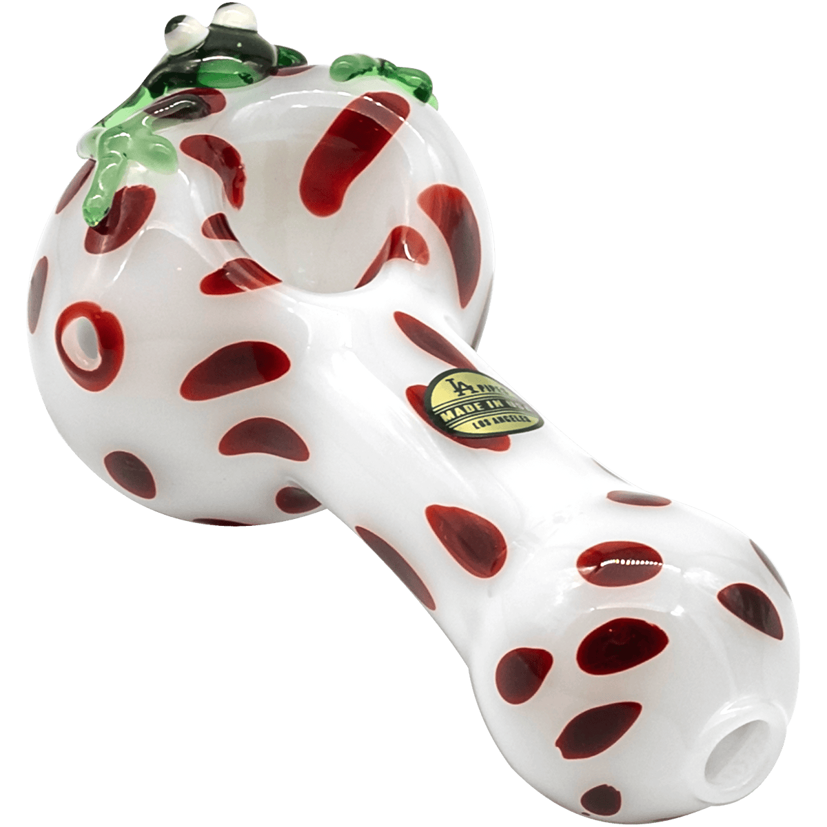 A front view of the “Spotted Poison Frog” spoon glass pipe, showcasing its colorful, speckled design against a plain white background.