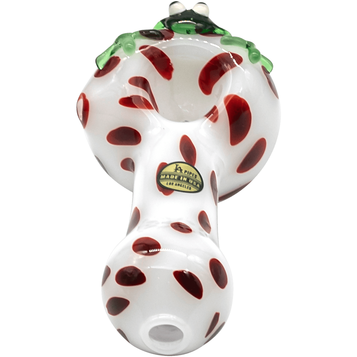 Front view of the “Spotted Poison Frog” Spoon Glass Pipe, showcasing a vibrant, speckled design on its curved bowl.
