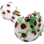 Front view of the “Spotted Poison Frog” Spoon Glass Pipe, showcasing a colorful, patterned design resembling amphibian skin.