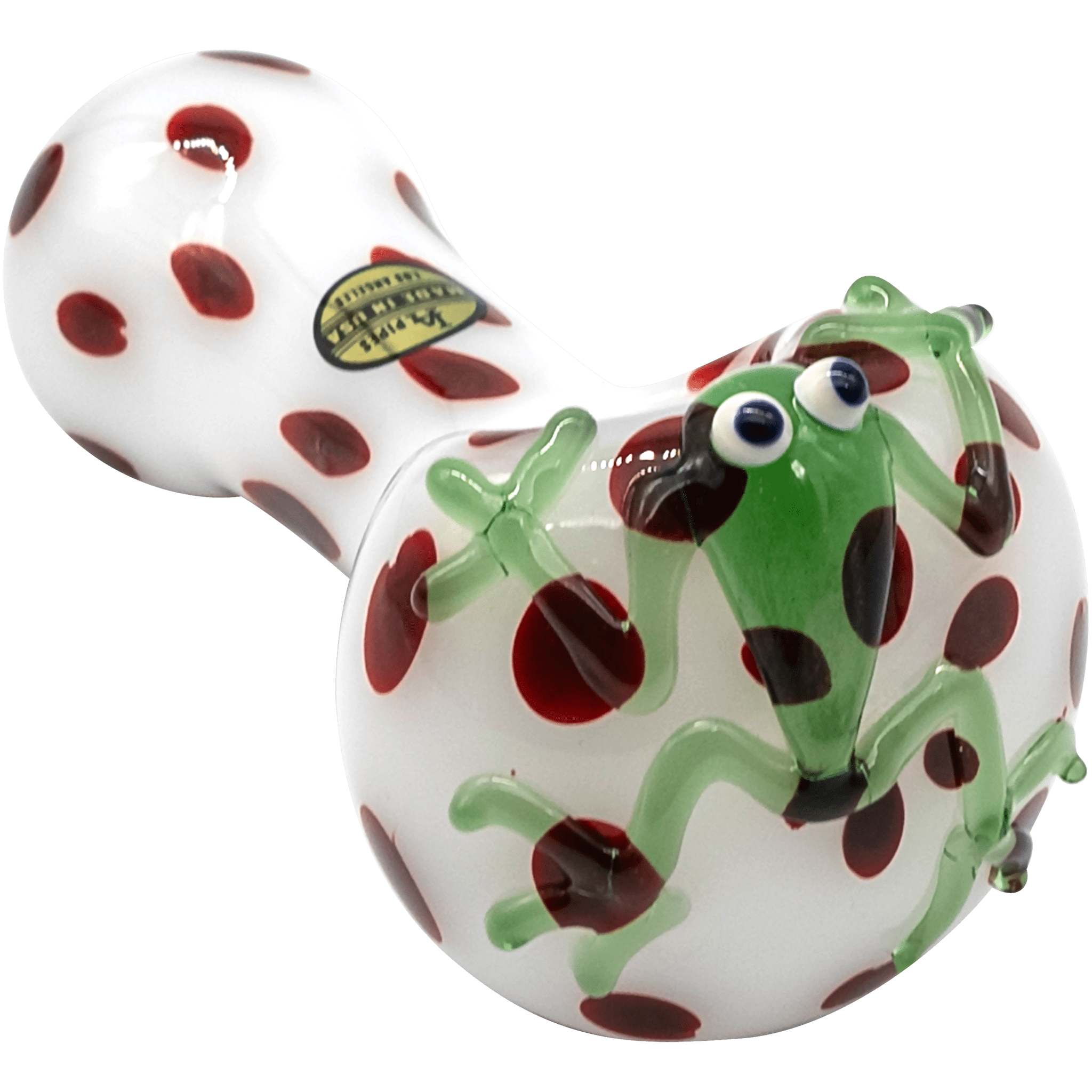 Front view of the “Spotted Poison Frog” Spoon Glass Pipe, showcasing a colorful, patterned design resembling amphibian skin.