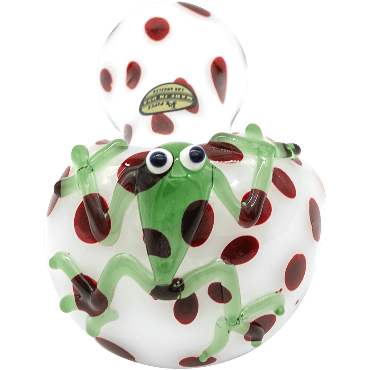 Front view of the “Spotted Poison Frog” spoon glass pipe, featuring a vibrant, patterned design.