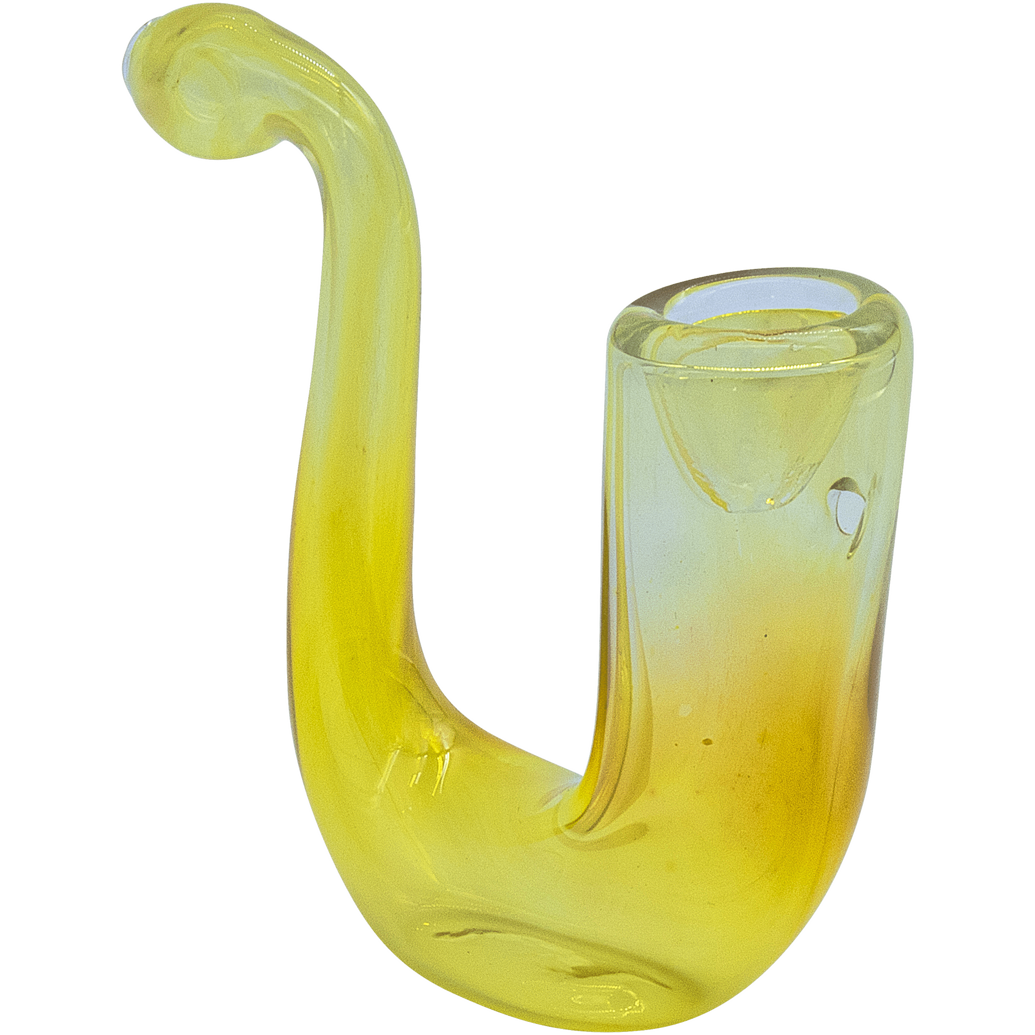 A slightly angled view of “The Calabash” Fumed Glass Sherlock pipe, showcasing its curved form and translucent glass.