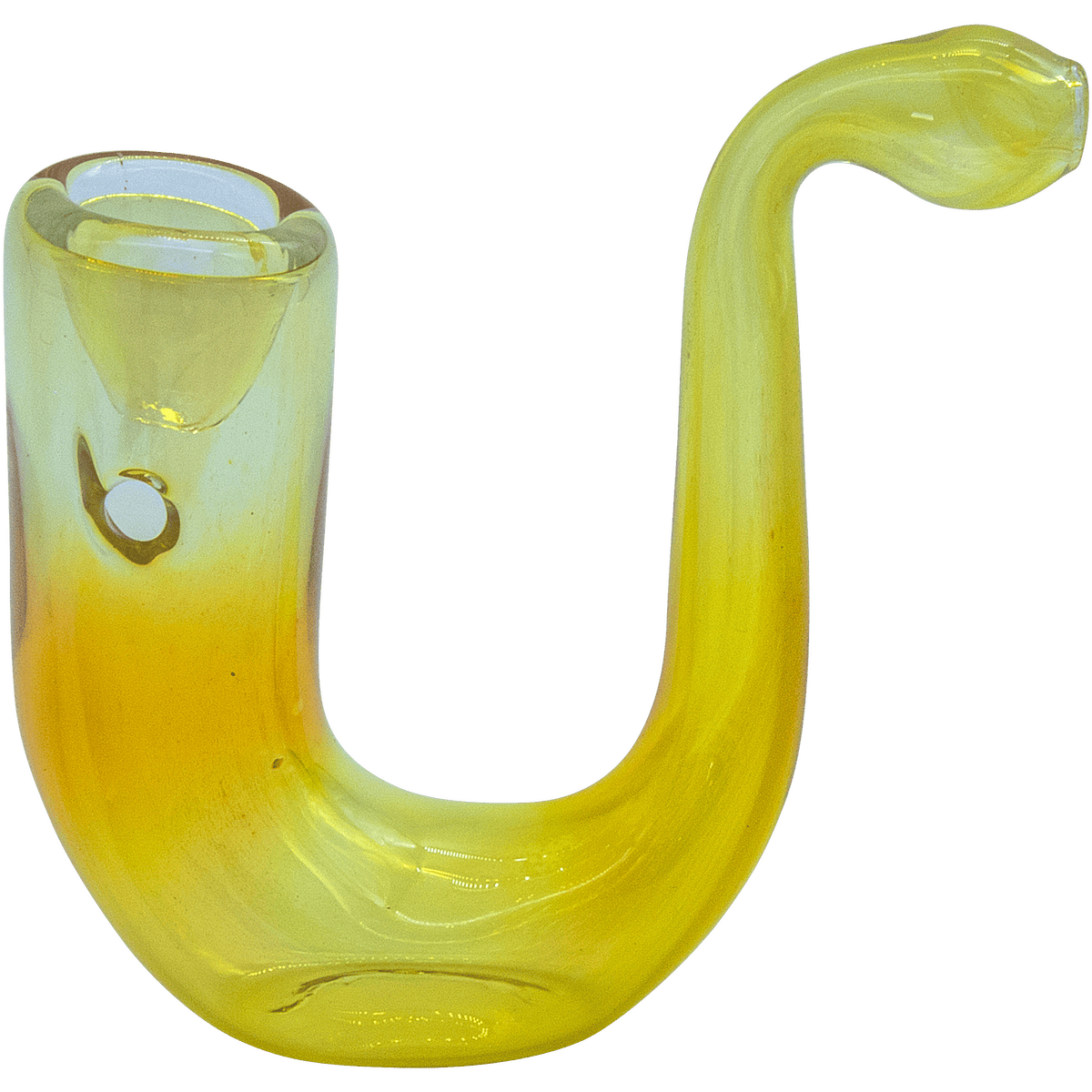 A slightly angled view of “The Calabash” Fumed Glass Sherlock pipe, featuring a curved neck and smoky glass finish.